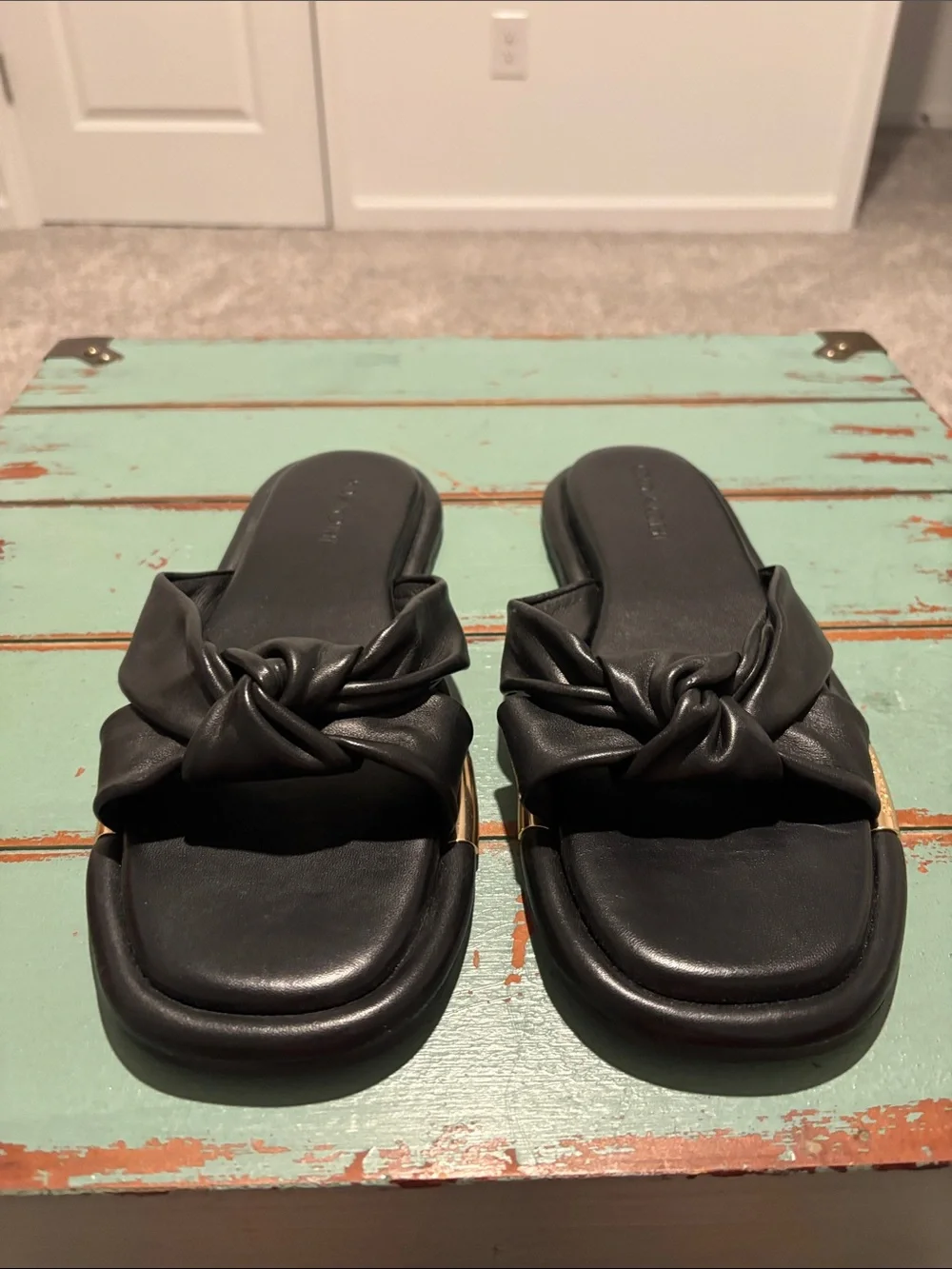 NWOT Coach Black Knotted Leather Slide Sandals with Gold Accents - Women